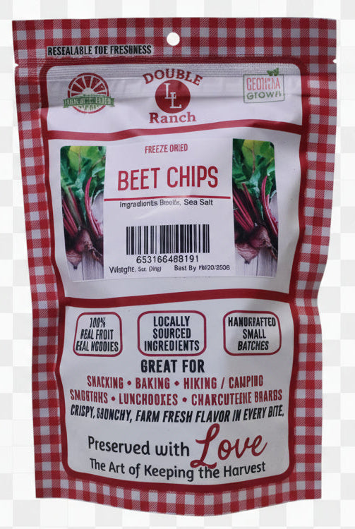 Freeze dried beet chips by Double L Ranch, showing vibrant, crispy beet slices with a textured surface.