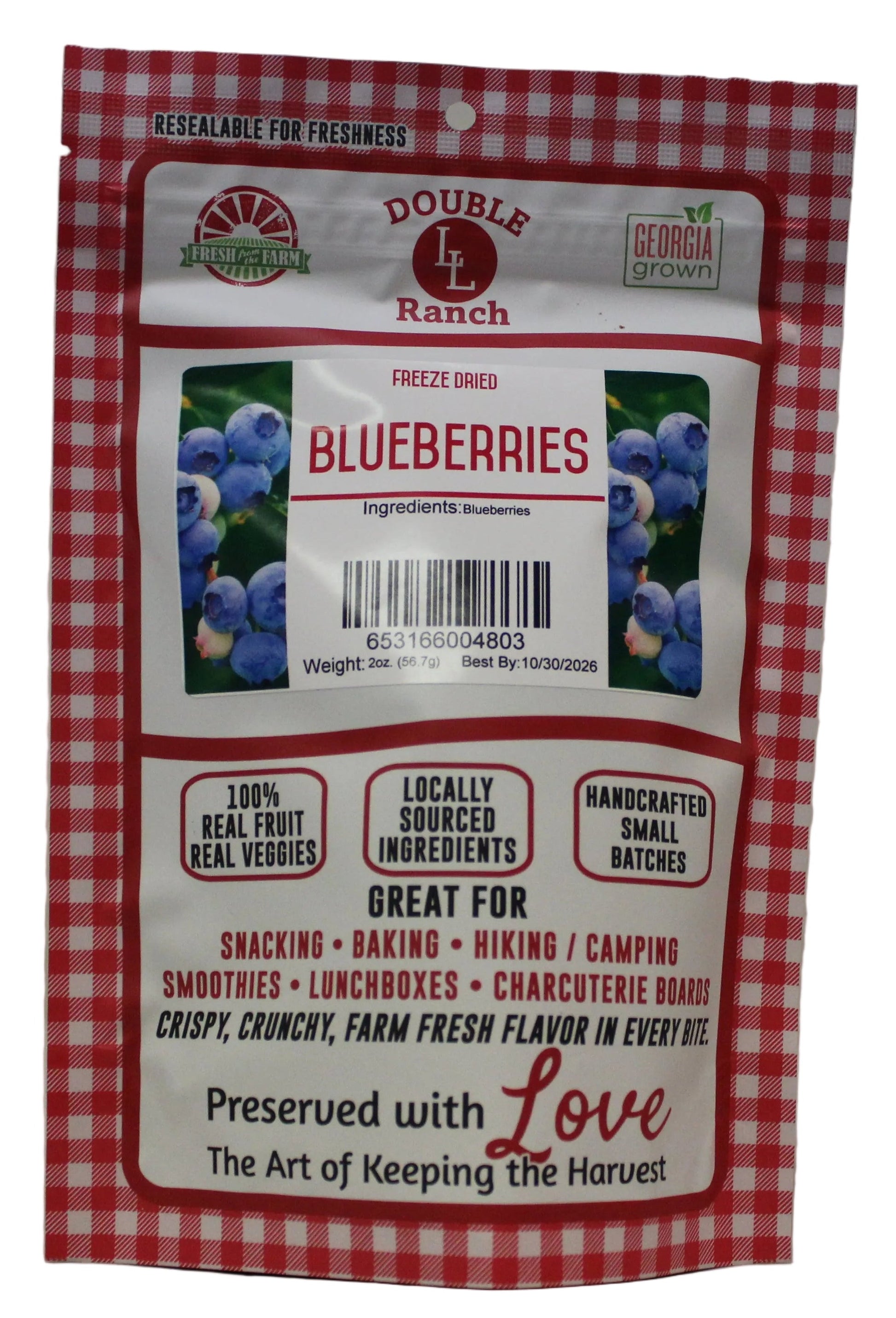 Freeze-dried blueberries by Double L Ranch, showing vibrant, dried blueberries in natural close-up image.