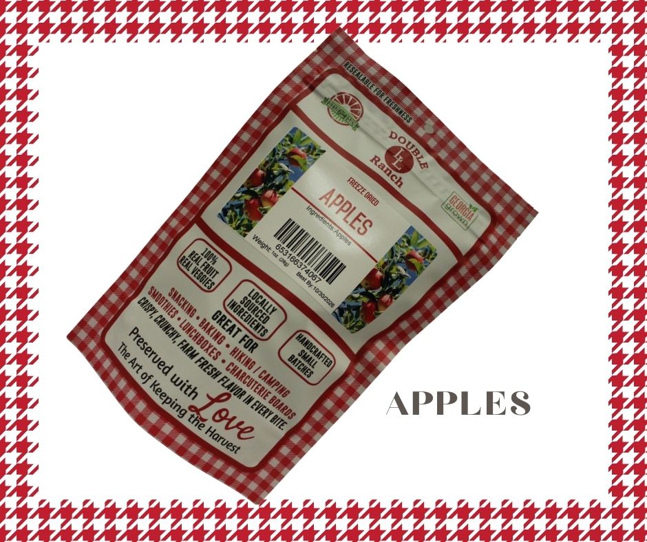 Freeze dried apples from Double L Ranch, showing a bowl of crispy, sliced fruit pieces on a white background.
