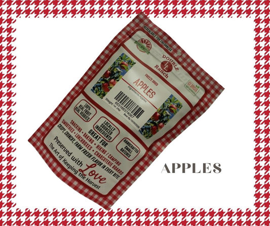 Freeze dried apples from Double L Ranch, showing a bowl of crispy, sliced fruit pieces on a white background.