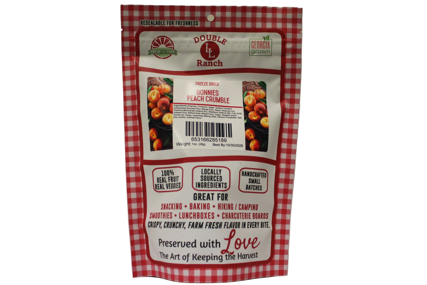 Freeze-dried peach crumble by Double L Ranch, showcasing vibrant dried peach pieces and crumble topping in a close-up view.