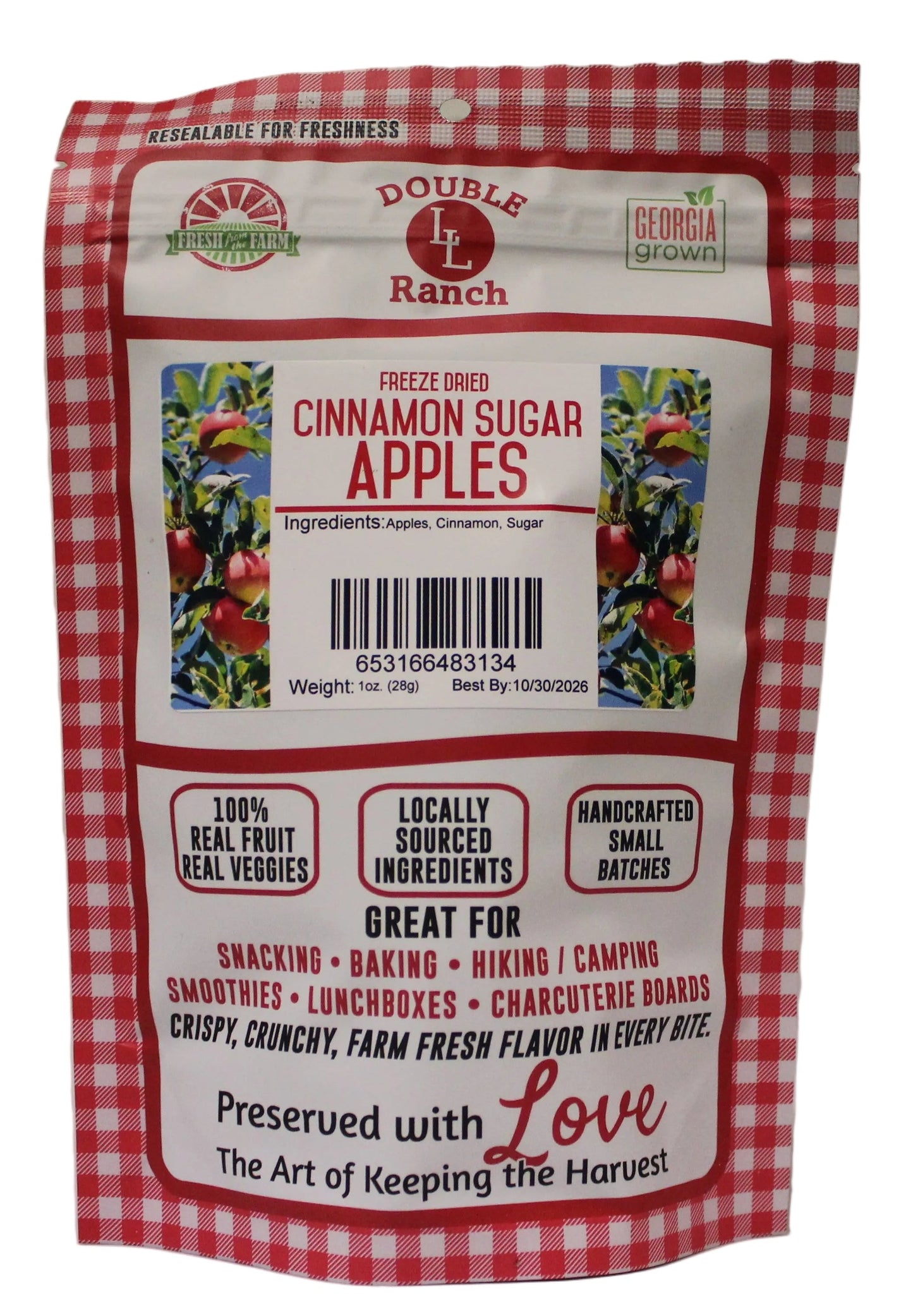 Freeze dried Cinnamon & Sugar Apples by Double L Ranch, showing crispy apple slices coated with cinnamon and sugar.