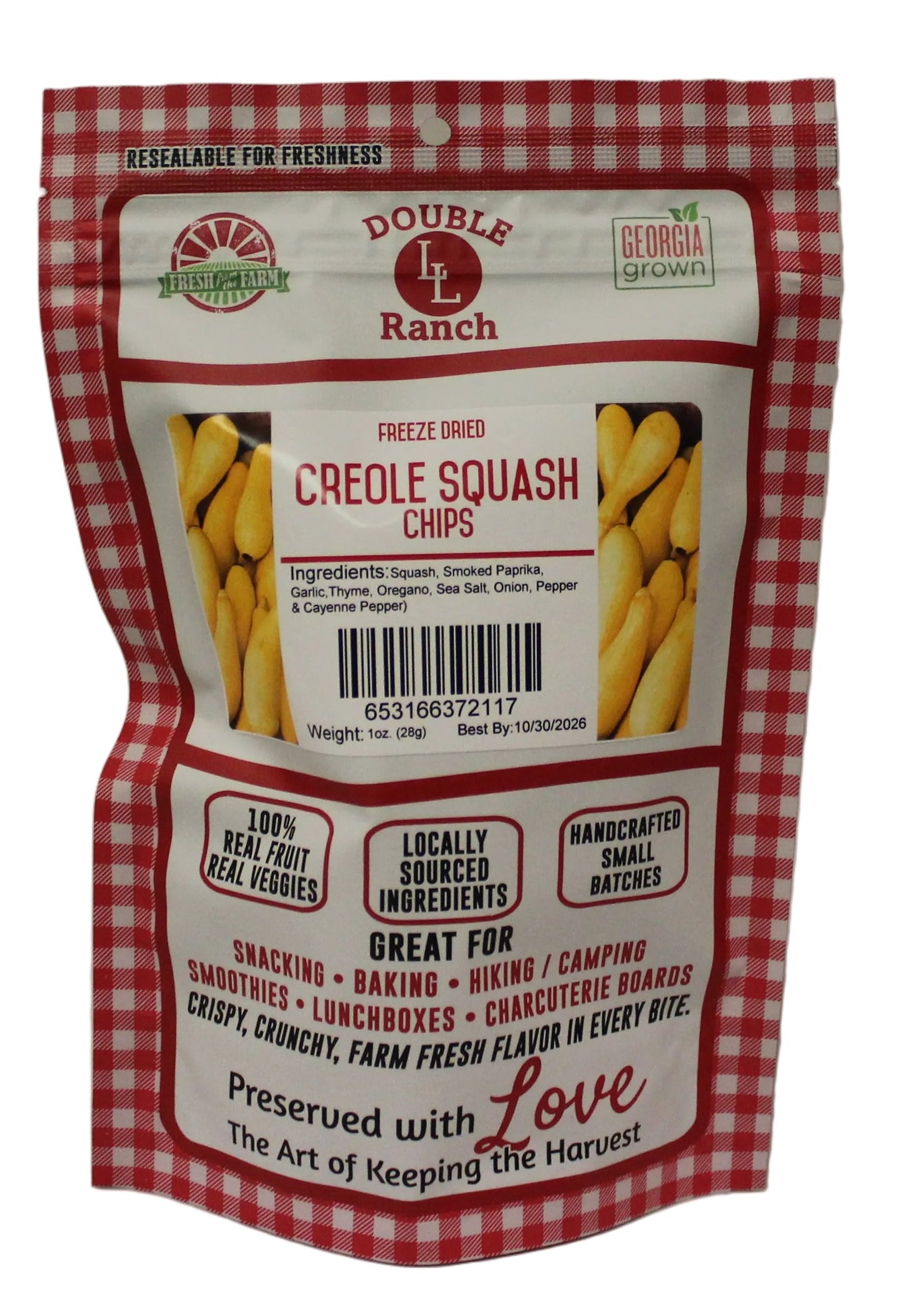 Freeze dried Creole squash chips by Double L Ranch, showing crispy, orange-colored squash slices on a white background.