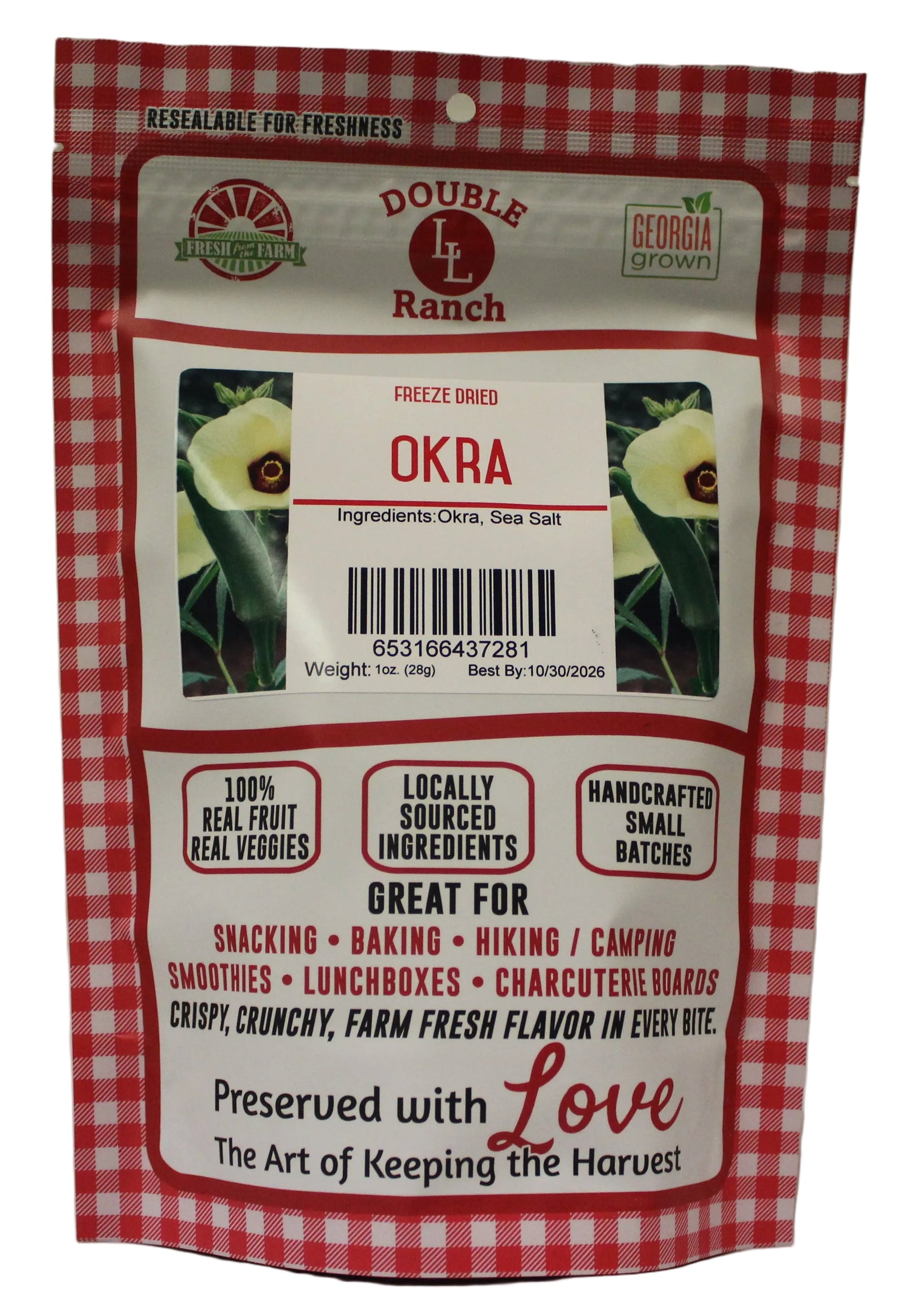Freeze dried okra by Double L Ranch showing vibrant, crunchy okra pieces in a clear container.