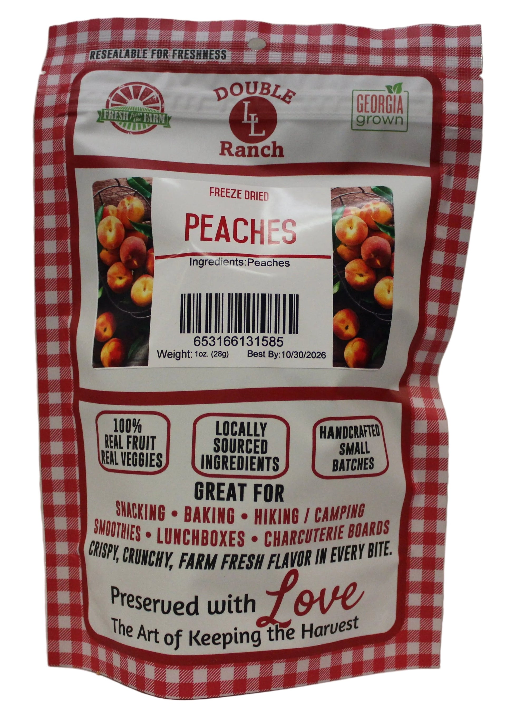 Freeze dried peaches by Double L Ranch, showing vibrant, sliced peach pieces with a textured, crispy appearance.