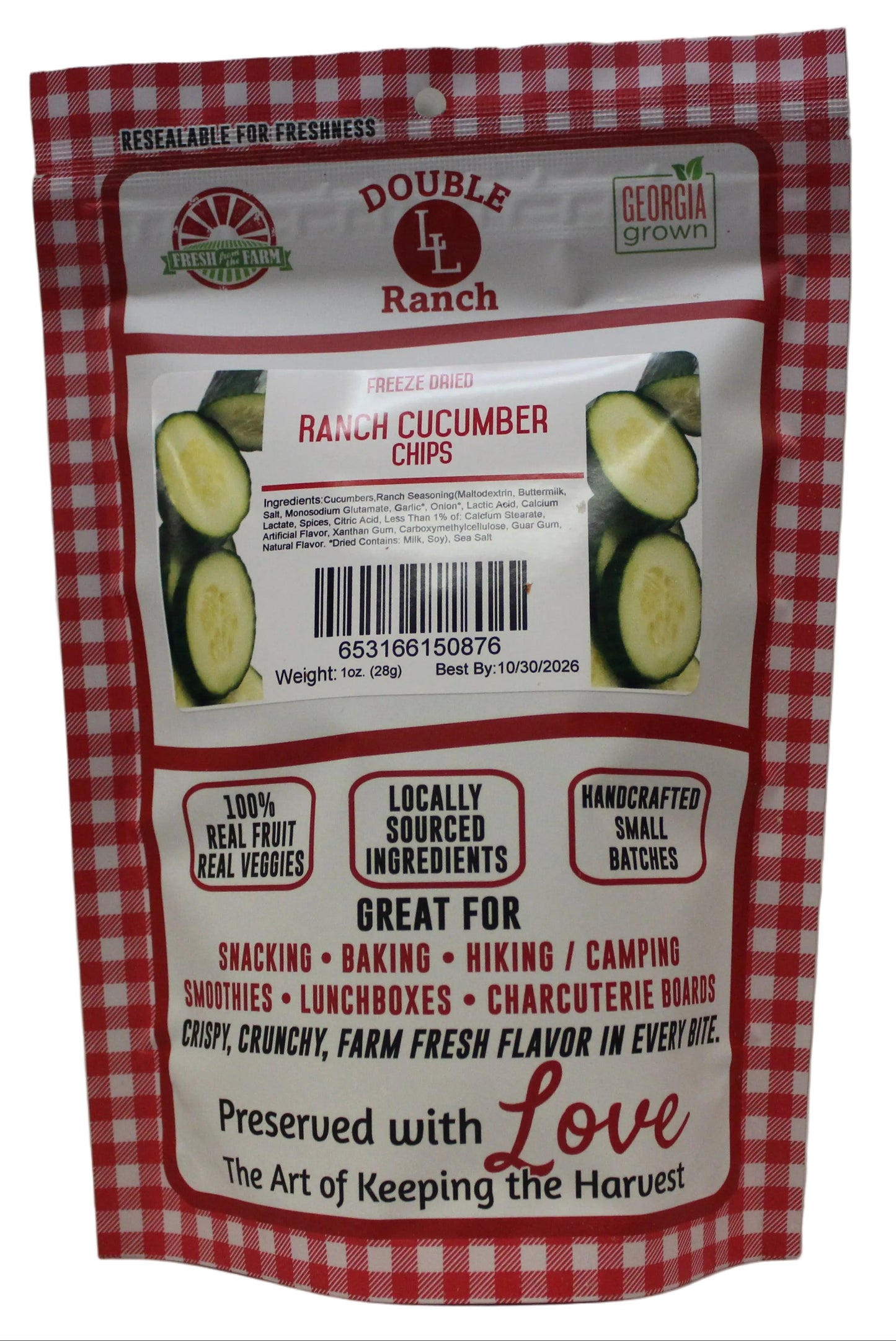 Freeze dried Ranch Cucumber Chips by Double L Ranch, crispy cucumber slices with ranch seasoning, in a clear bowl.