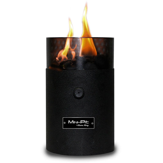 Portable Flame King smokeless mini tabletop fire pit for camping, dual fuel propane and butane, compact and easy to use.