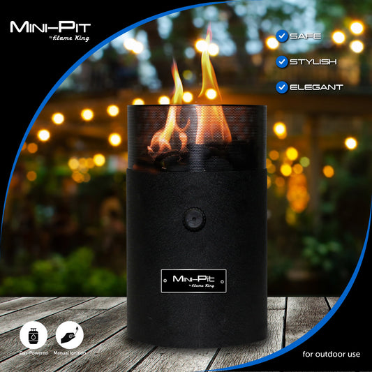 Portable Flame King smokeless tabletop fire pit for camping, dual fuel propane and butane, compact and easy to use.