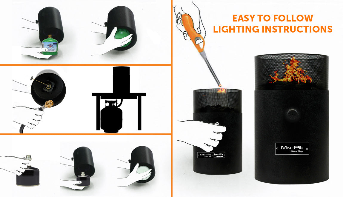 Portable Flame King smokeless mini tabletop fire pit for camping, dual fuel propane and butane, compact and easy to carry.