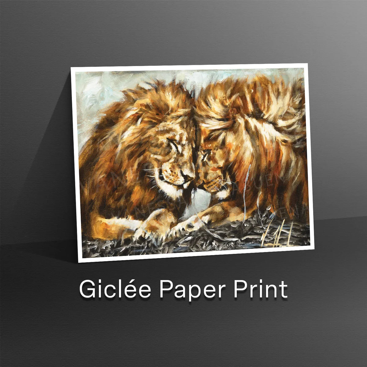 Lion art print titled "Fortified Strength" by Vanessa Horabuena, featuring a powerful lion illustration on a textured background.