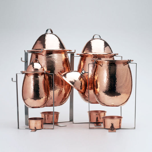 Sertodo Delphi copper marmite and soup tureen set for catering and entertaining, featuring traditional copper craftsmanship.