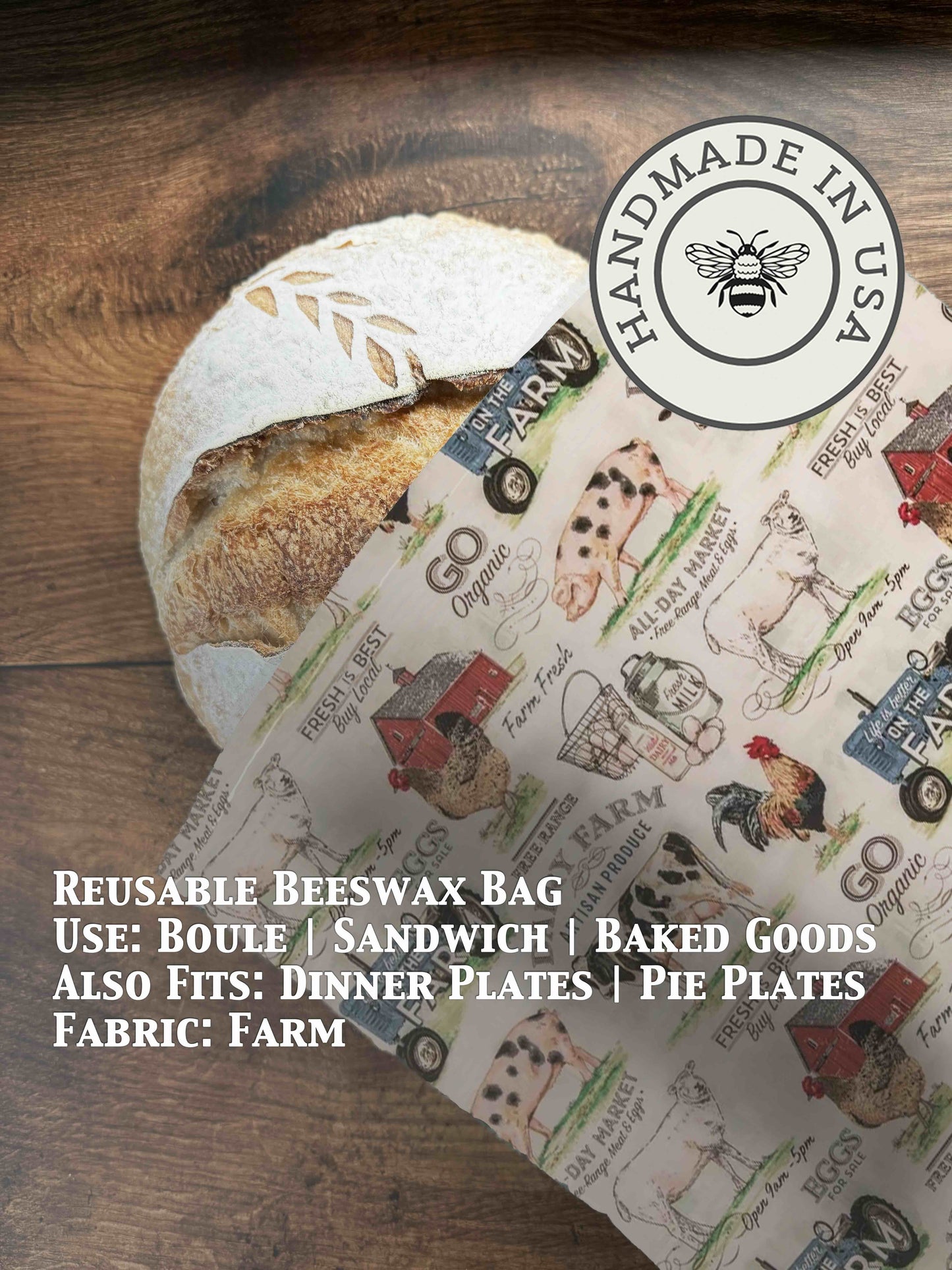 Beeswaxed bread bag from Five Oaks Farm, made from natural farm fabric,用于 storing bread with breathable beeswax coating.
