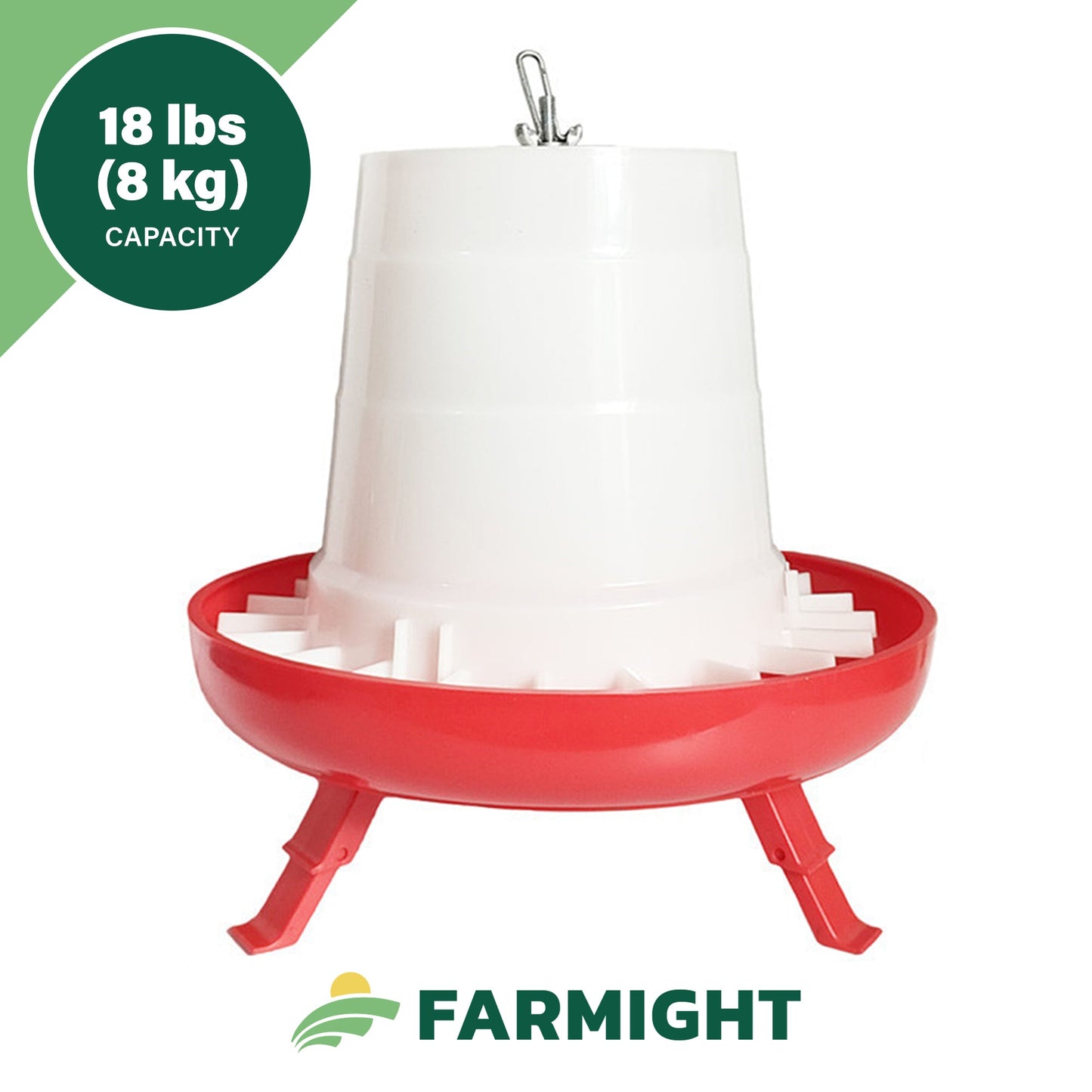 A white and red Farmight Open Top Hanging Feeder with Legs by My Pet Chicken, 18 lb (8 kg) capacity, open top, on three legs. Green label in corner; FARMIGHT logo at bottom. Available in 2 colors, 3 sizes.