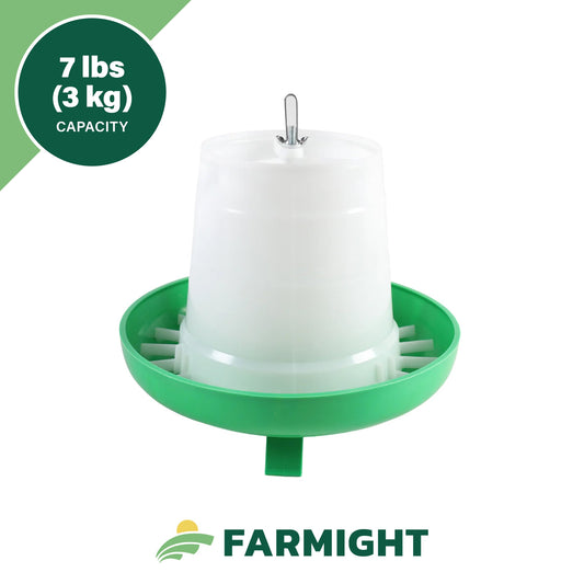 A green and white My Pet Chicken Farmight Open Top Hanging Feeder with Legs (7 lbs/3 kg), 2 colors, 3 sizes; capacity label at top left, FARMIGHT logo at bottom.