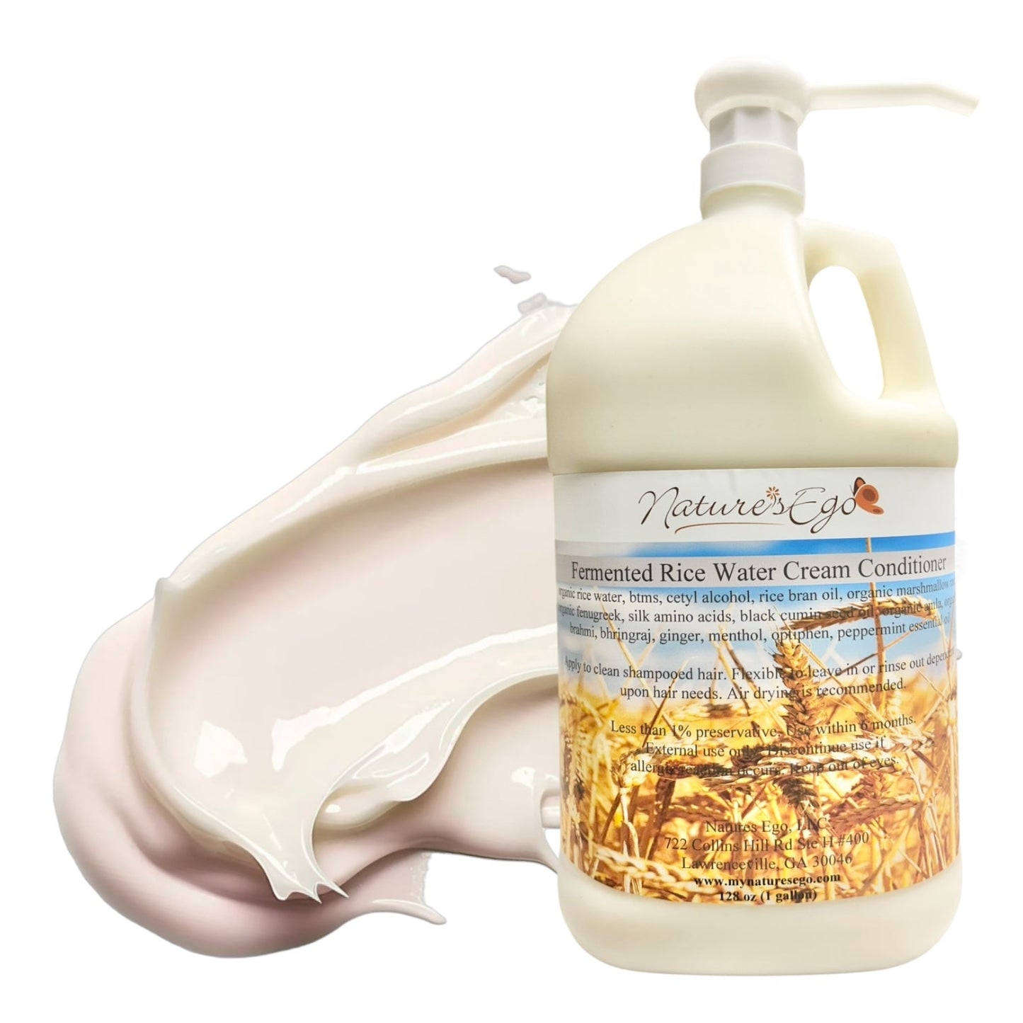NaturesEgo fermented rice water conditioner with black cumin seed, rice bran, and fenugreek for healthy, nourished hair.