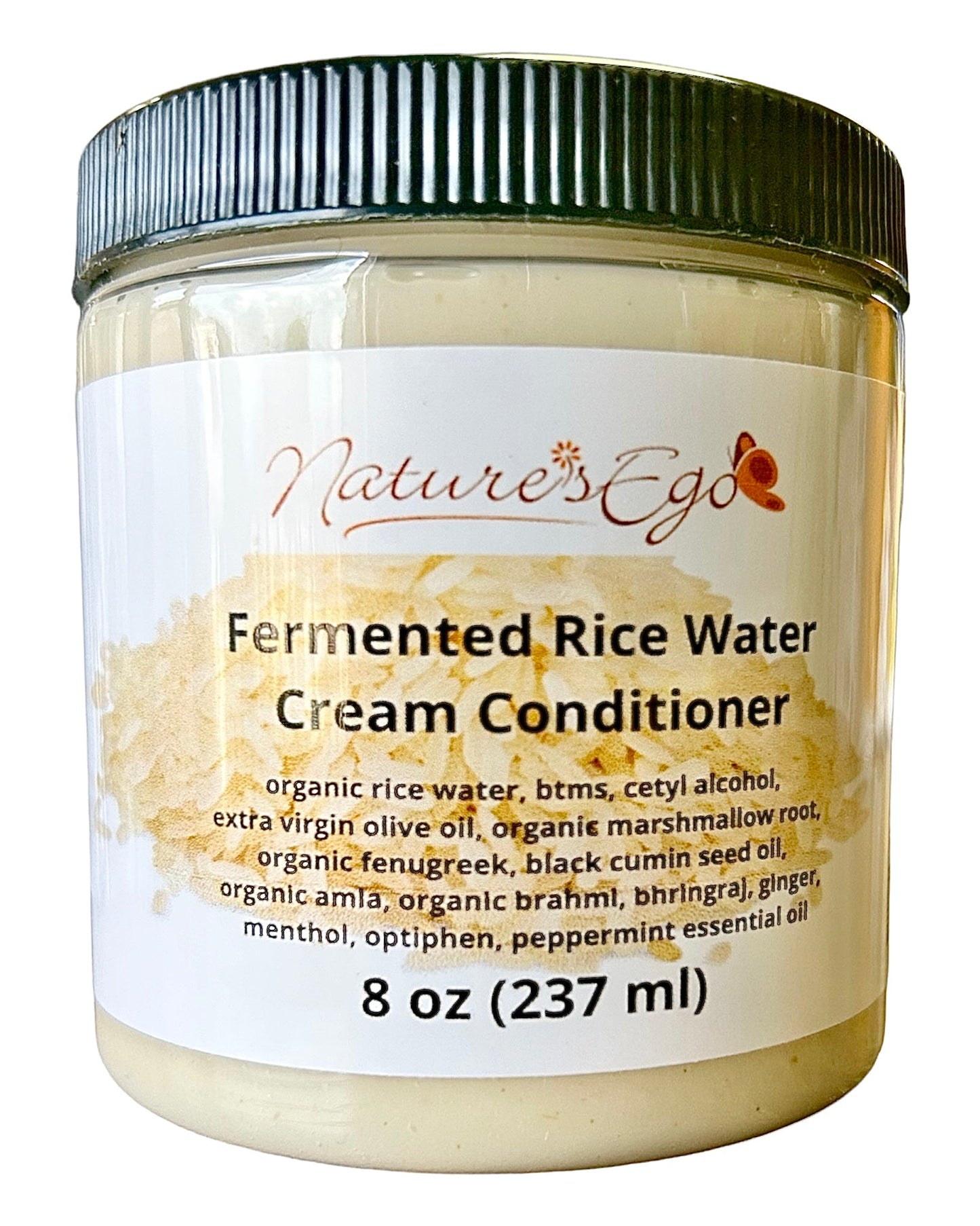 NaturesEgo fermented rice water cream conditioner with black cumin seed, rice bran, and fenugreek for nourishing hair.