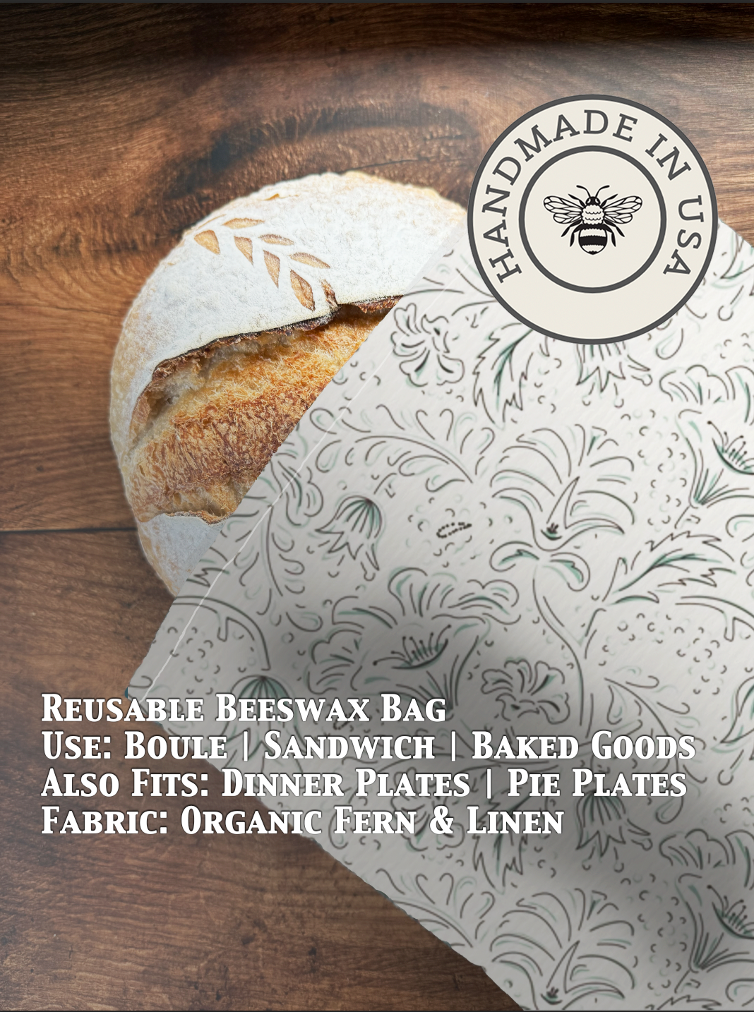 Beeswaxed bread bag from Five Oaks Farm, made of Fern linen, eco-friendly storage for fresh bread and baked goods.