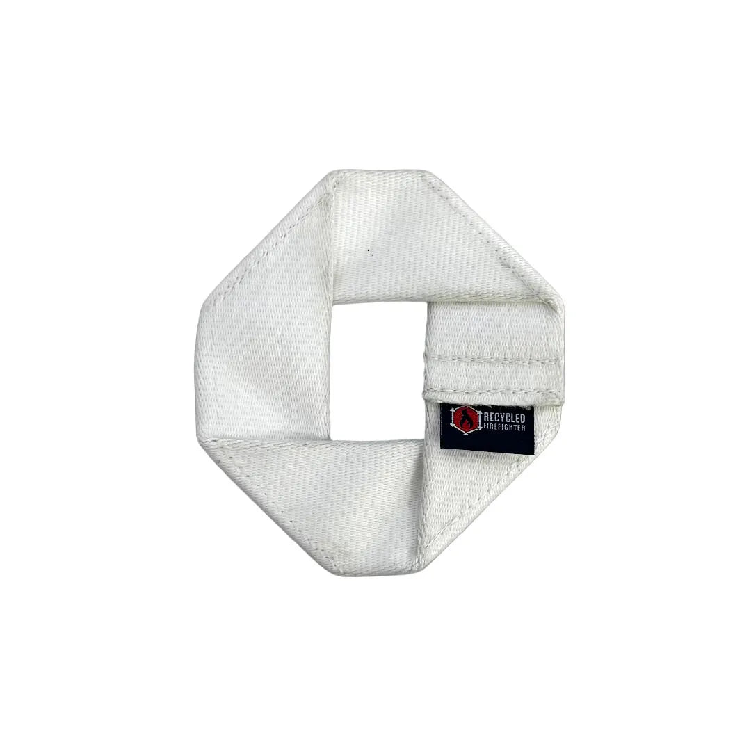 Recycled Firefighter Fire Hose Dog Frisbee JR, a durable white dog toy designed for fetch and play.