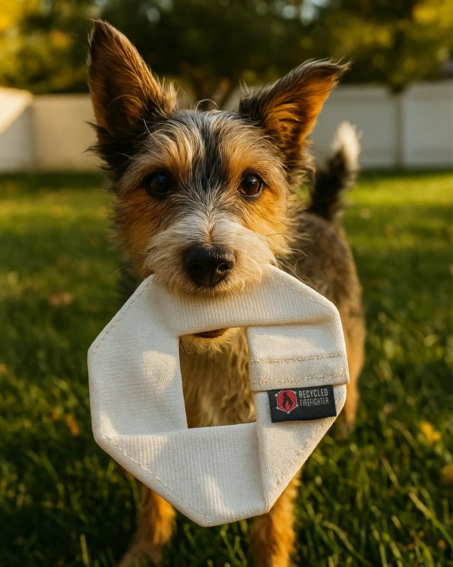 Red recycled fire hose dog frisbee from Recycled Firefighter, durable and flexible dog toy for outdoor play.