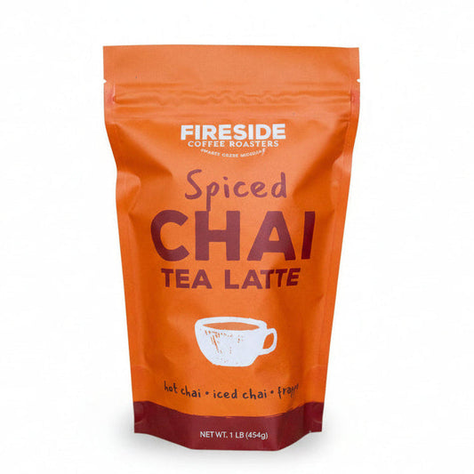 Fireside Coffee Co. spiced chai tea bags in a 1 lb package, featuring aromatic chai spices and tea bags ready for brewing.