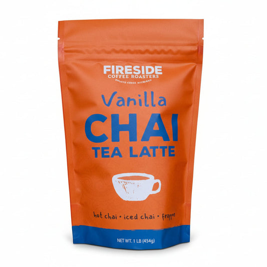 Fireside Coffee Co. vanilla chai tea bags in a 1 lb package, showing individually wrapped tea bags with vanilla and chai flavors