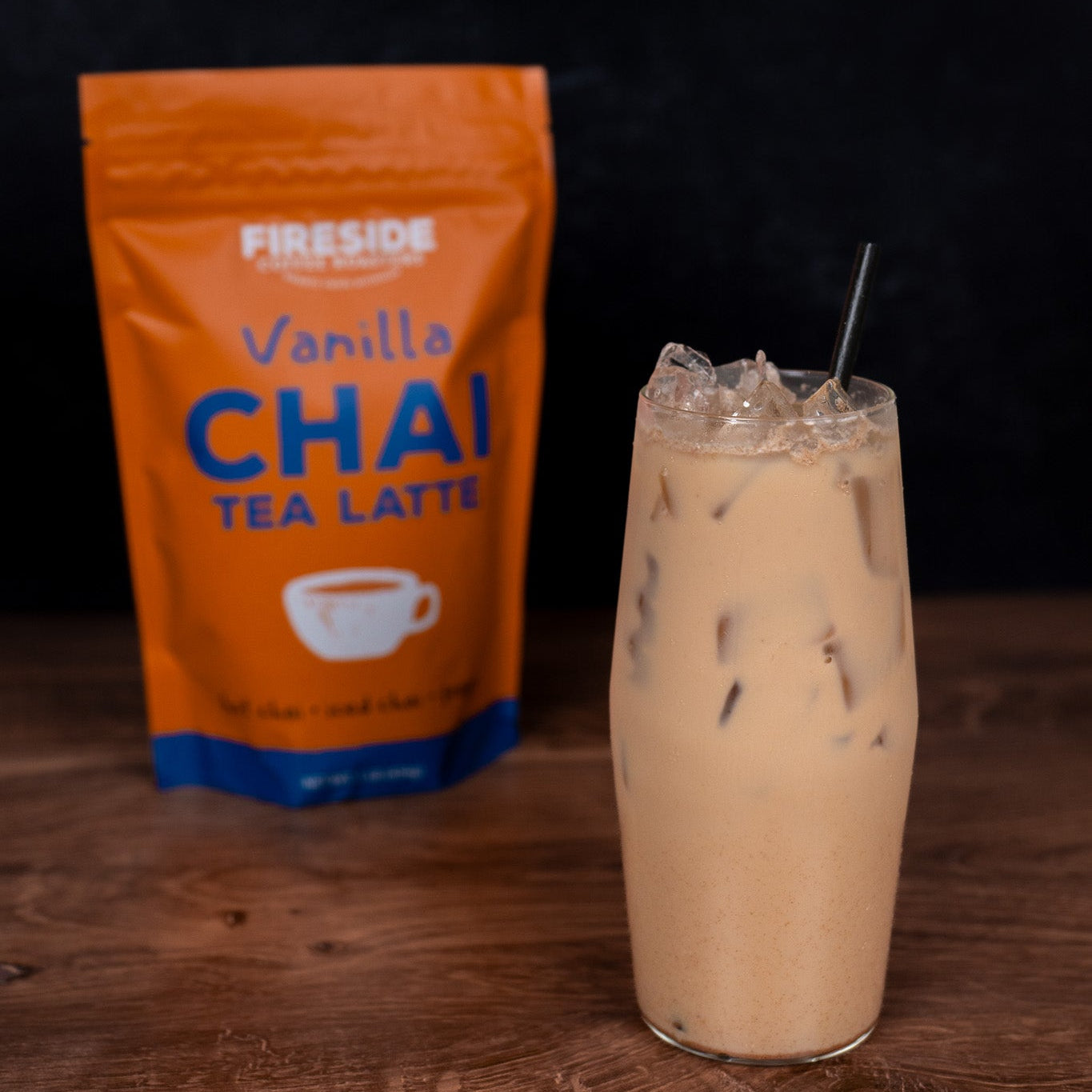 Fireside Coffee Co. vanilla chai tea bags, aromatic spiced tea with vanilla flavor, in a neatly stacked package.