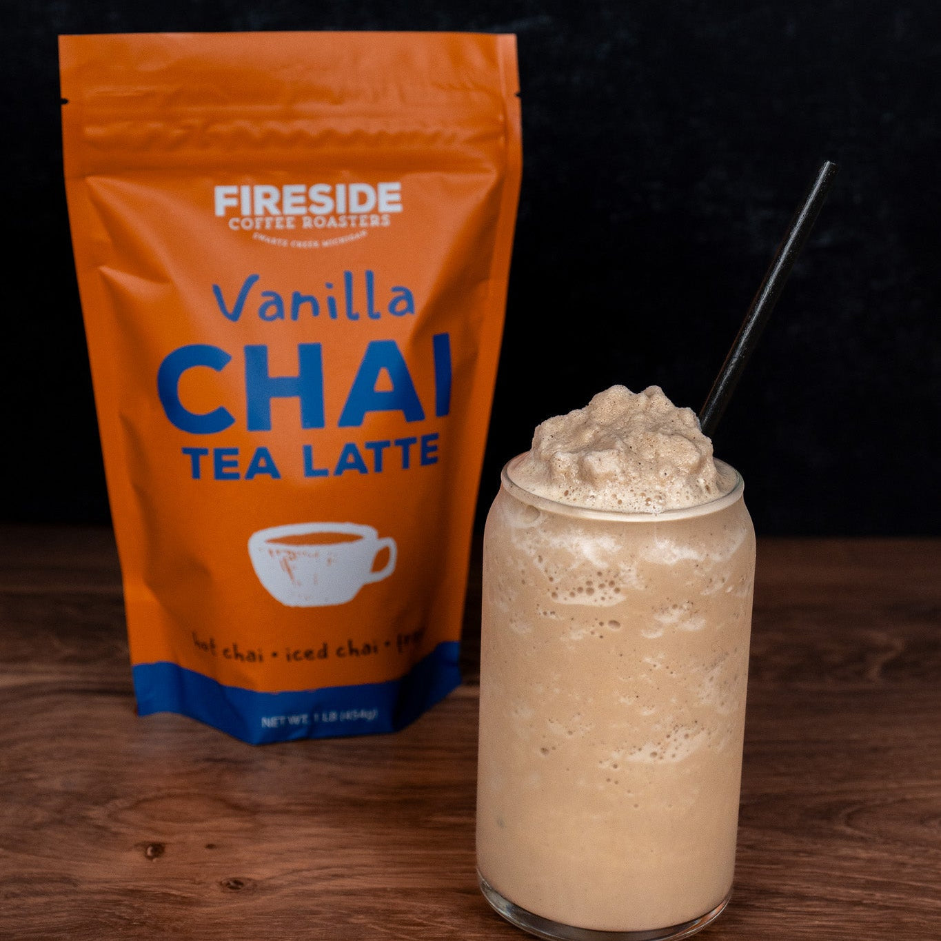 Fireside Coffee Co. vanilla chai tea bags with aromatic spices and vanilla flavor, ready for brewing in a warm cup.