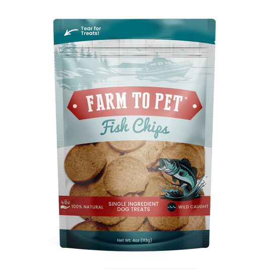 A 4 oz (113g) bag of Farm To Pet Fish Chips for Dogs | Wild-Caught Fish Dog Treats, featuring round, human-grade walleye fillets, a fish illustration, fishing boat, and labels “100% natural” and “single ingredient dog treats.”.