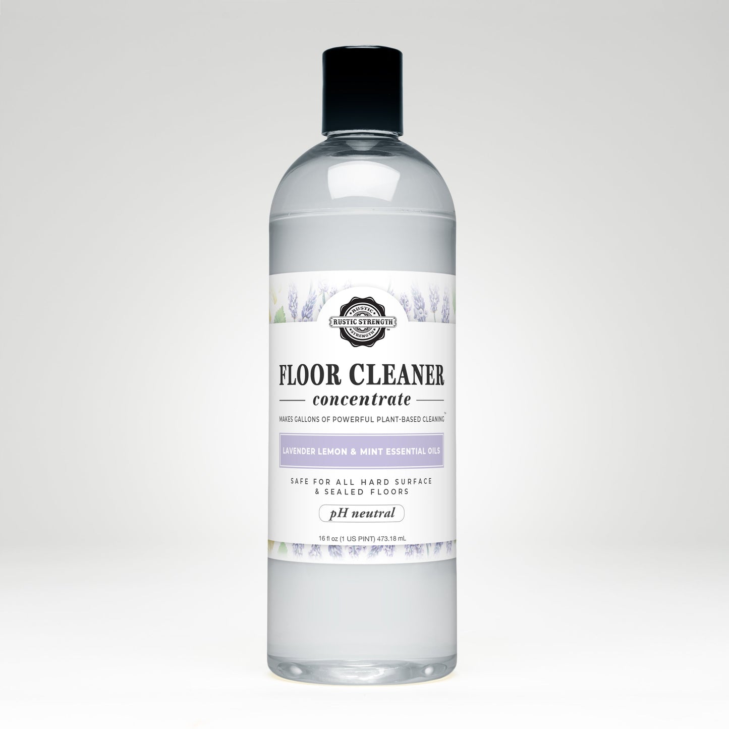 A clear plastic bottle of Rustic Strength Floor Cleaner Concentrate | Lavender, Lemon & Mint has a white label with lavender illustrations, product details, and a black cap. The plant-based formula features essential oils for scent.