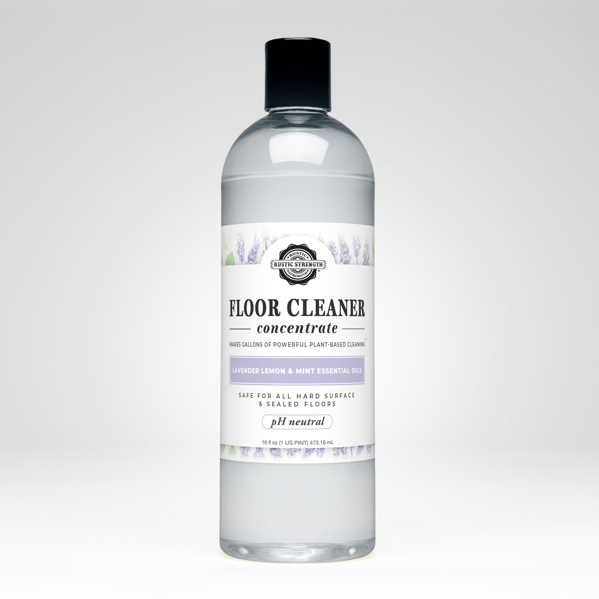 A clear plastic bottle of Rustic Strength Floor Cleaner Concentrate | Lavender, Lemon & Mint has a white label with lavender illustrations, product details, and a black cap. The plant-based formula features essential oils for scent.