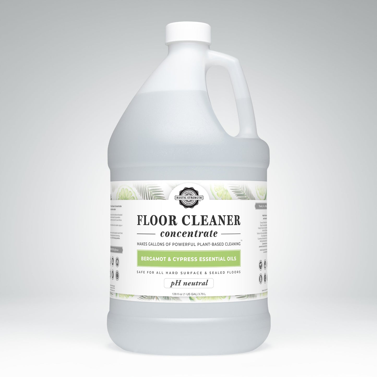 A large plastic jug of Rustic Strength Floor Cleaner Concentrate | Bergamot & Cypress with a white label, green accents, and handle. The pH-neutral, plant-based formula is safe for hard surfaces and sealed floors.