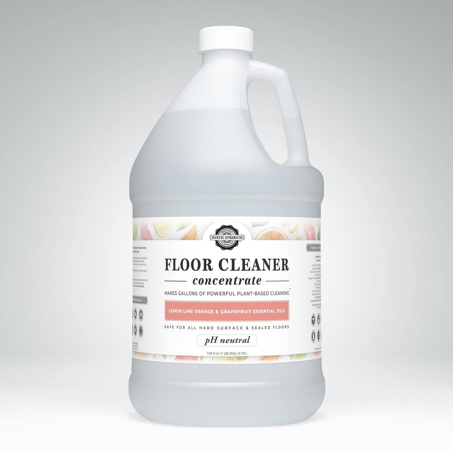 A 1-gallon white jug of Rustic Strength Floor Cleaner Concentrate | Lemon, Lime, Orange & Grapefruit. This pH-neutral, non-toxic formula safely cleans all hard surfaces and sealed floors with natural essential oils.