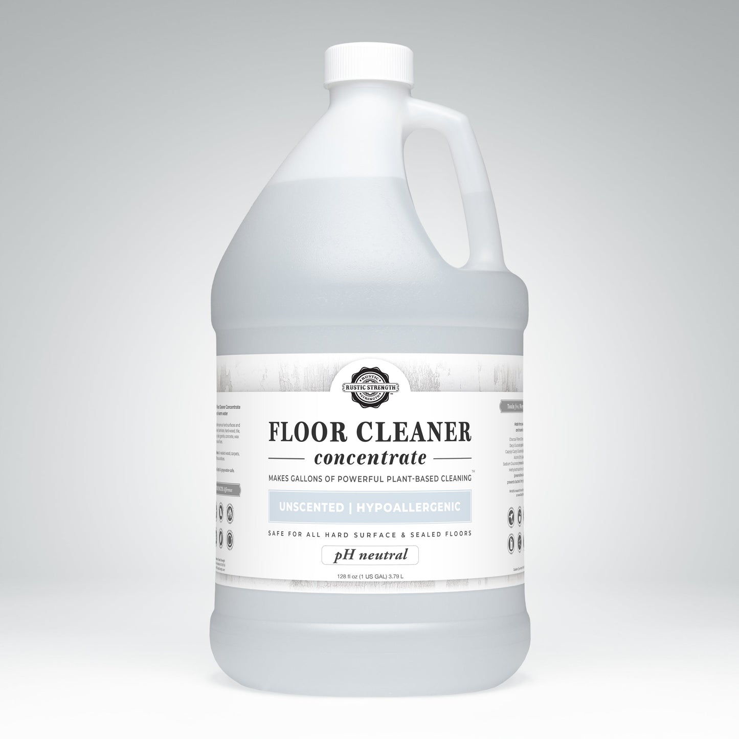 Rustic Strength Floor Cleaner Concentrate | Unscented: a large, clear plastic gallon jug with a white cap. This non-toxic, plant-based formula is unscented, hypoallergenic, pH neutral, and safe for all hard surfaces.