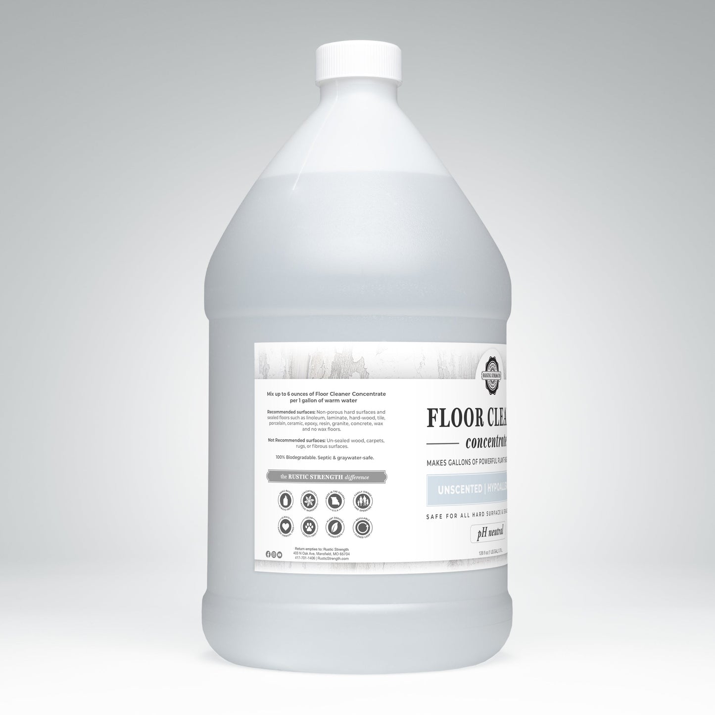 A large, translucent gallon jug with a white cap labeled Rustic Strength Floor Cleaner Concentrate | Unscented, featuring usage instructions and icons on a white and gray label, sits against a plain light gray background.