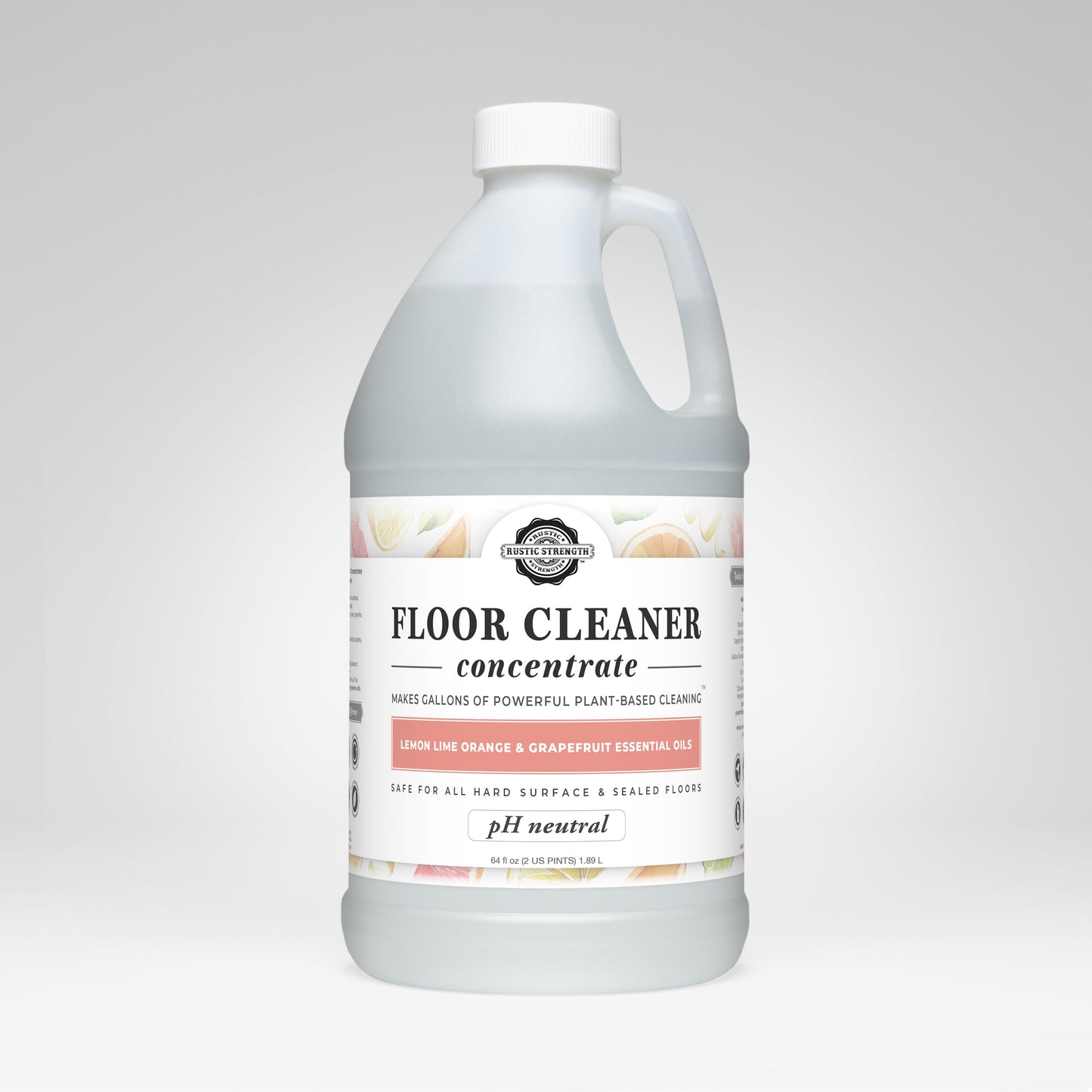 Rustic Strengths Floor Cleaner Concentrate | Lemon, Lime, Orange & Grapefruit is a plant-based gallon cleaner with essential oils, white label, and is suitable for hard surfaces and sealed floors.