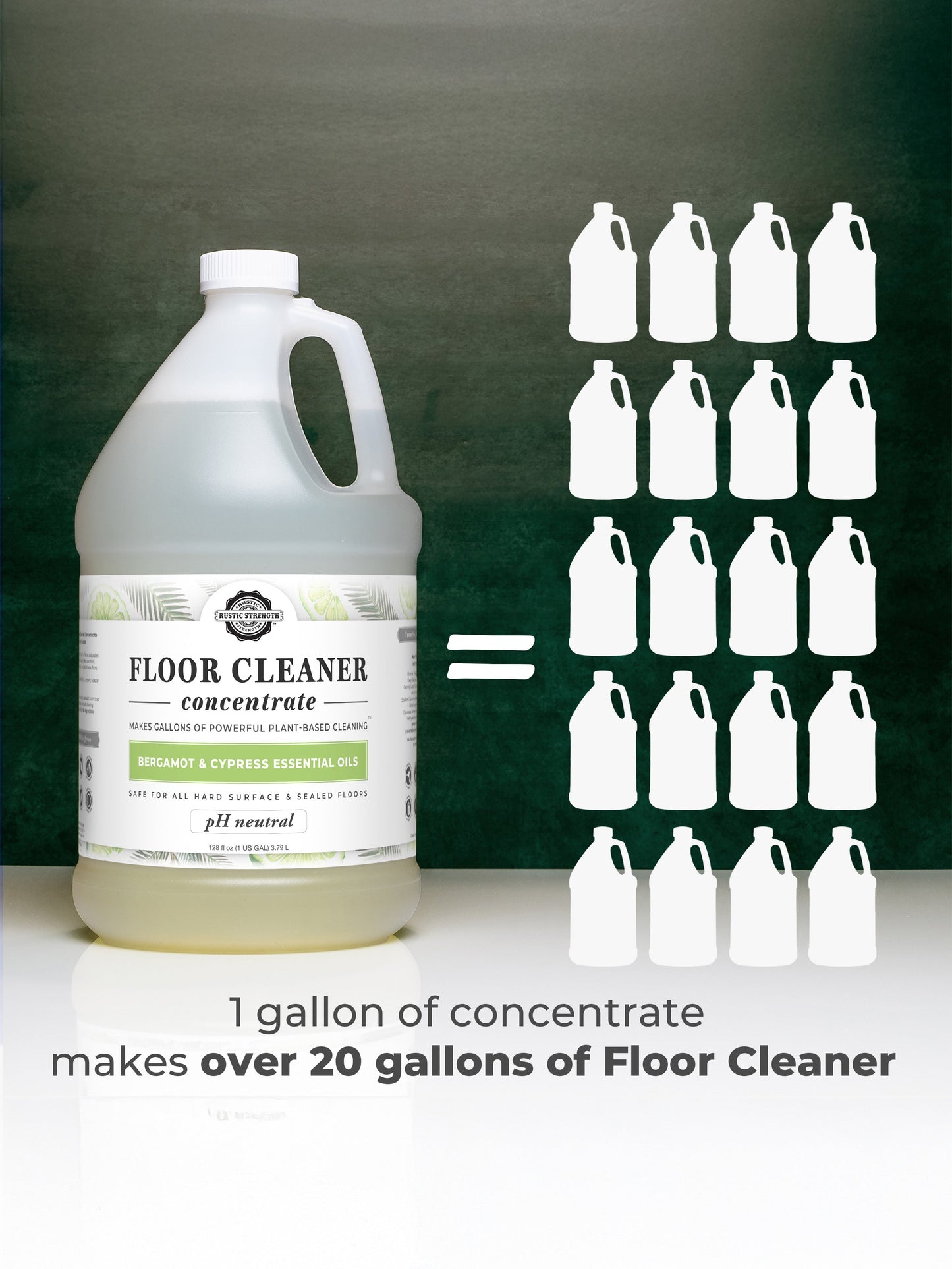 A 1-gallon jug of Rustic Strength Floor Cleaner Concentrate | Bergamot & Cypress is pictured next to 20 white jugs, showing that one gallon of concentrate makes over 20 gallons of floor cleaner.