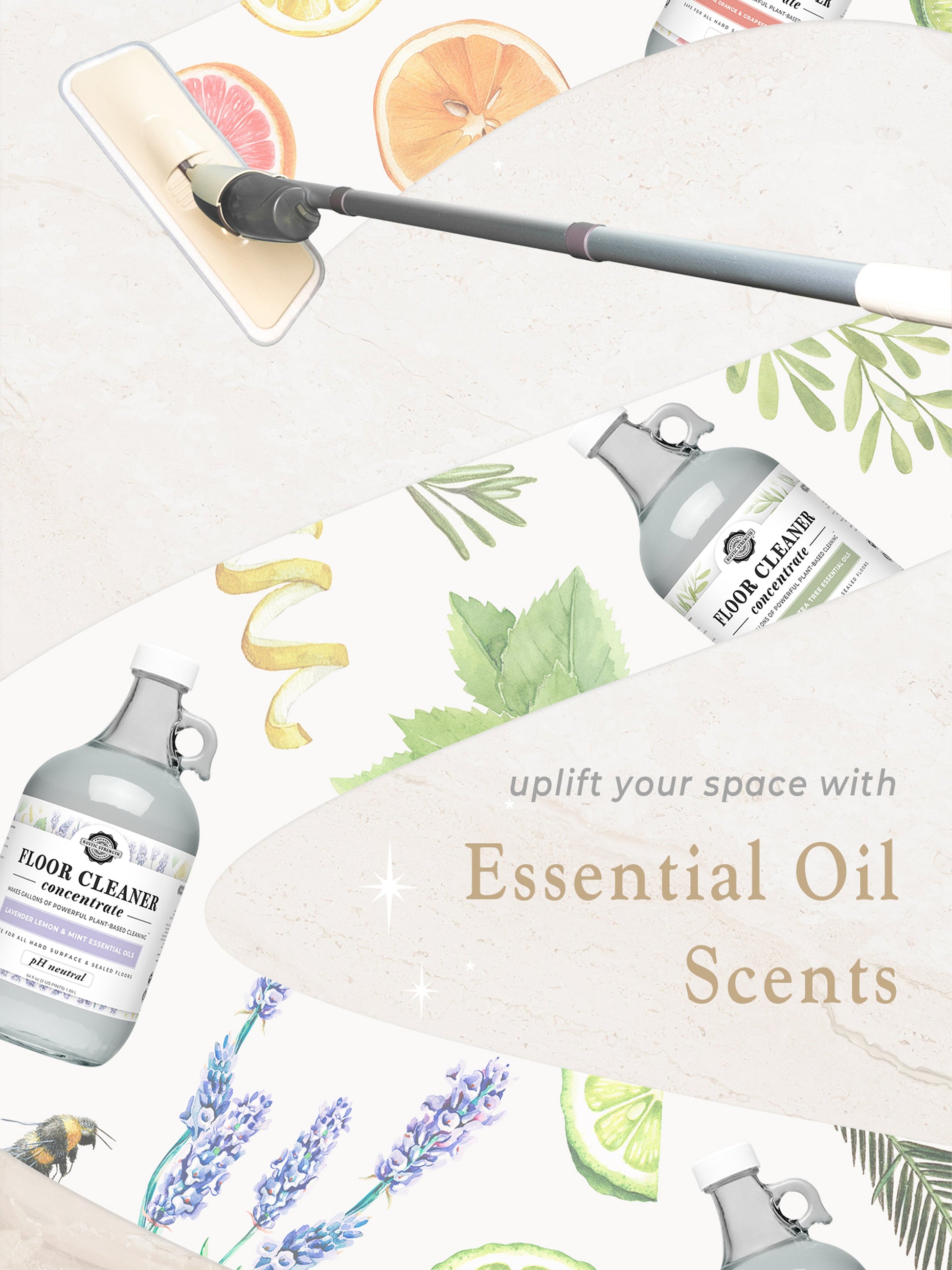 Rustic Strength Floor Cleaner Concentrate in Lavender, Lemon & Mint is displayed with bottles and fresh illustrations—uplift your space with essential oil scents.