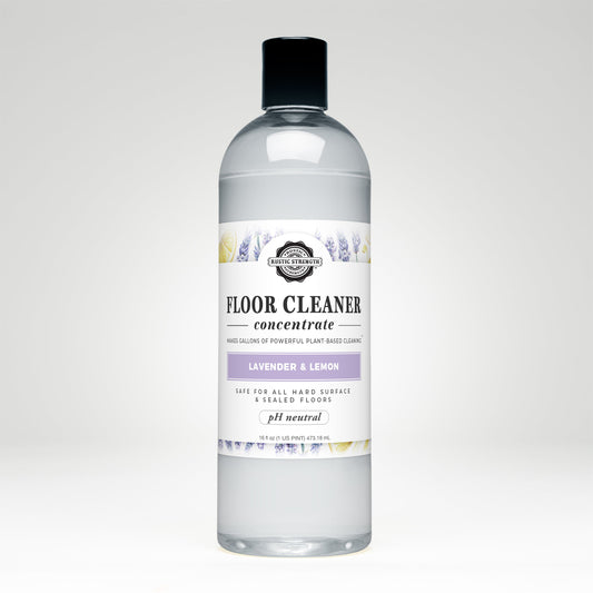 Rustic Strength lavender and lemon floor cleaner concentrate in a 16 oz bottle, ready for effective home cleaning.