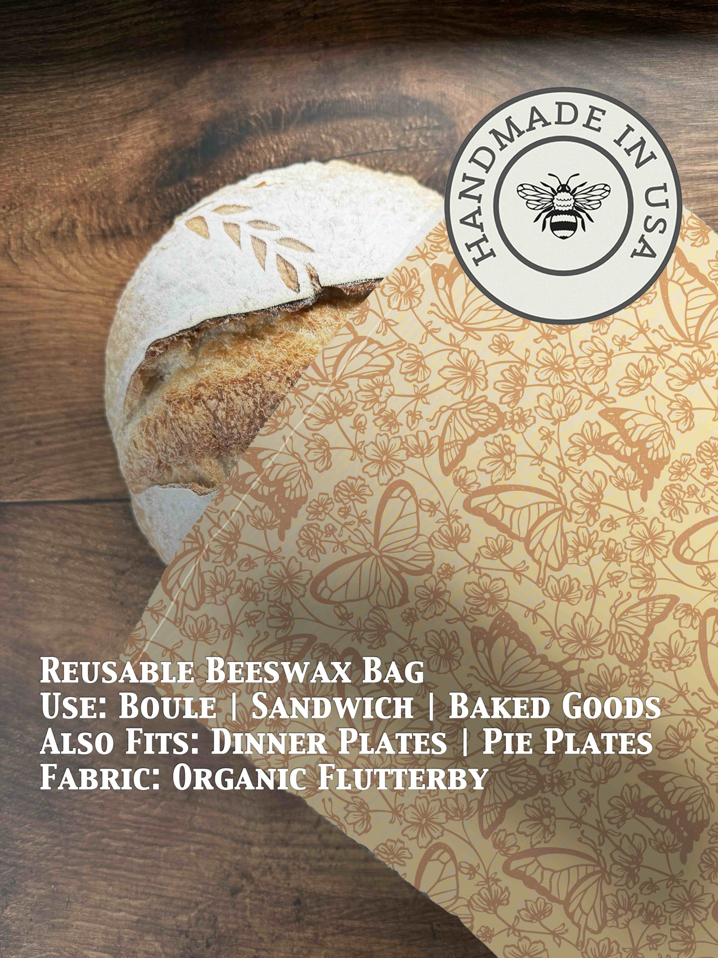 Beeswaxed bread bag from Five Oaks Farm with a natural cotton exterior and beeswax coating for fresh bread storage.