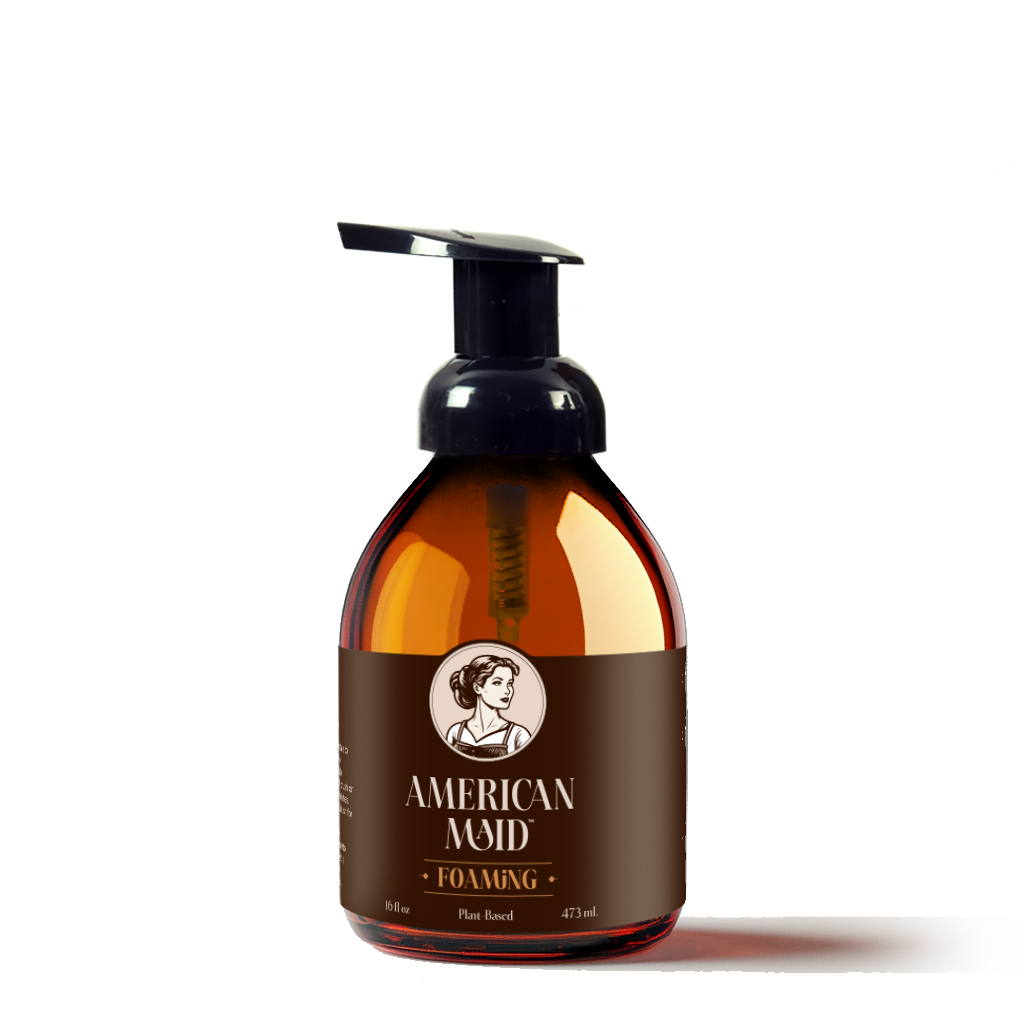 American Maid foaming cleaning kit with a white plastic foamer bottle and adjustable nozzle for efficient cleaning.