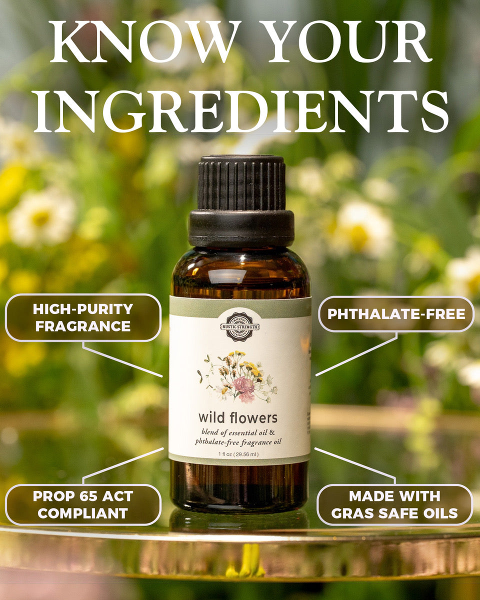Rustic Strength Wild Flowers essential oil and fragrance oil blend in a clear glass bottle, showcasing a vibrant floral scent.