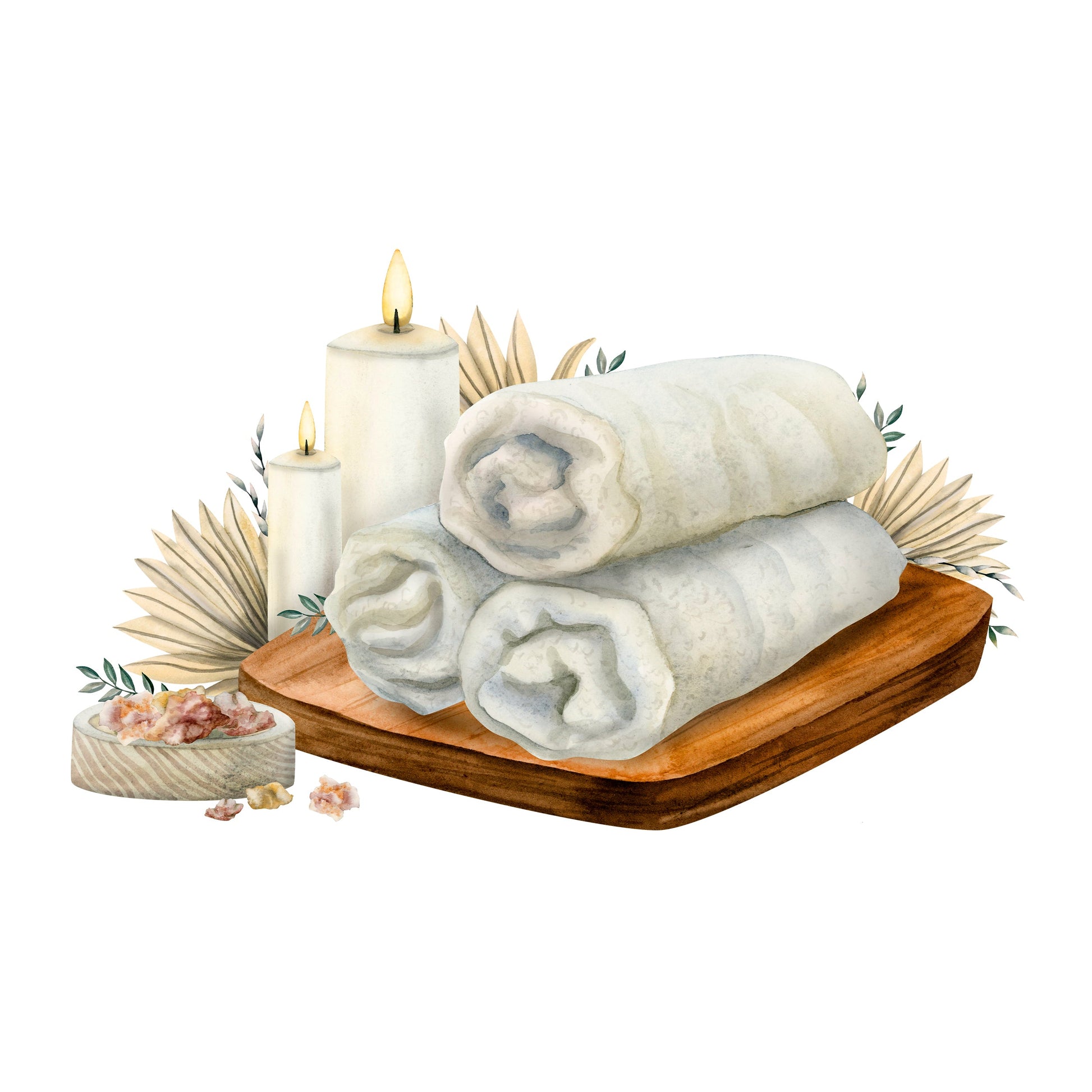 Three rolled white towels rest on a wooden tray beside two lit candles, dried leaves, and a bowl of bath salts. In the background, Rustic Strength’s Fresh Linen Phthalate-Free Fragrance Oil fills the spa with soothing aromatherapy scents.