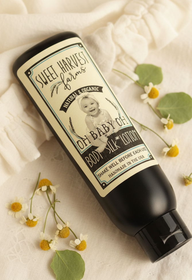 Organic handmade baby lotion by Sweet Harvest Farms, gentle and nourishing for babies and toddlers, with natural ingredients.