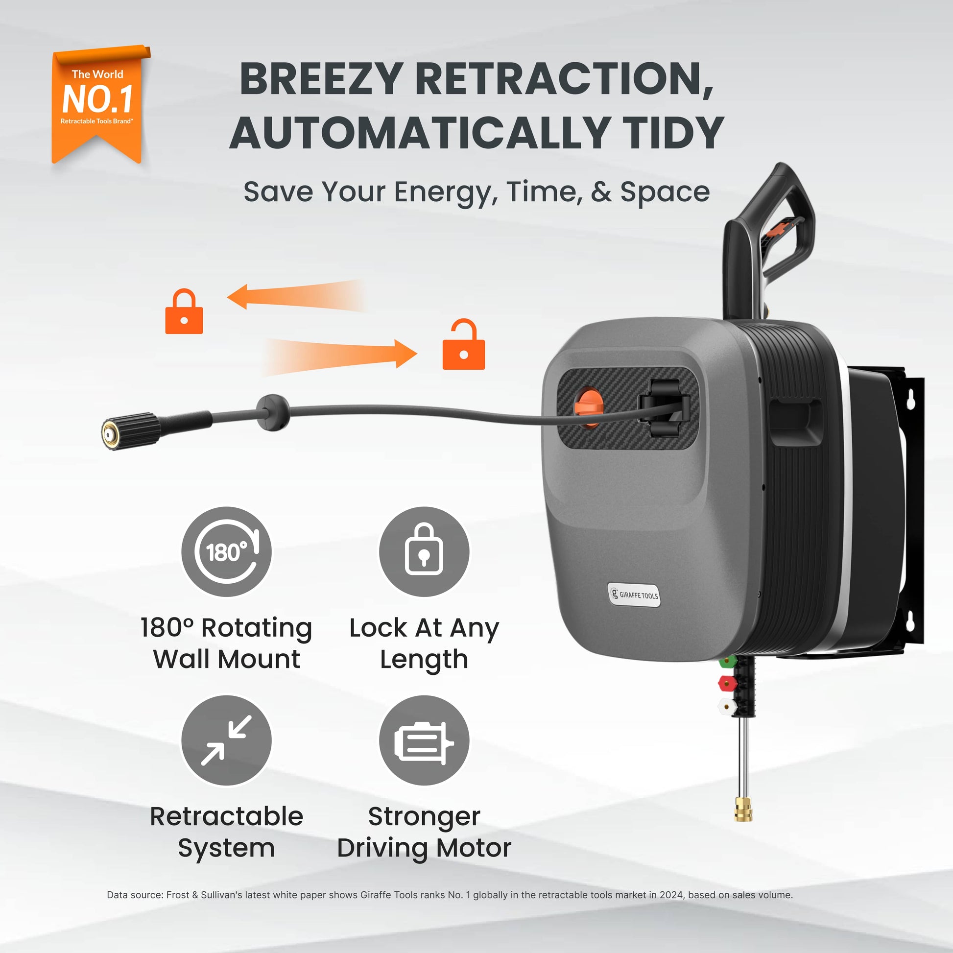 Giraffe Tools US Grandfalls G20 retractable pressure washer with hose reel and spray gun for outdoor cleaning tasks.
