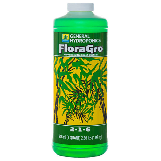Liquid fertilizer bottle labeled General Hydroponics FloraGro 2-1-6 from Perris Hydroponics, part of the FloraSeries advanced nutrient system.