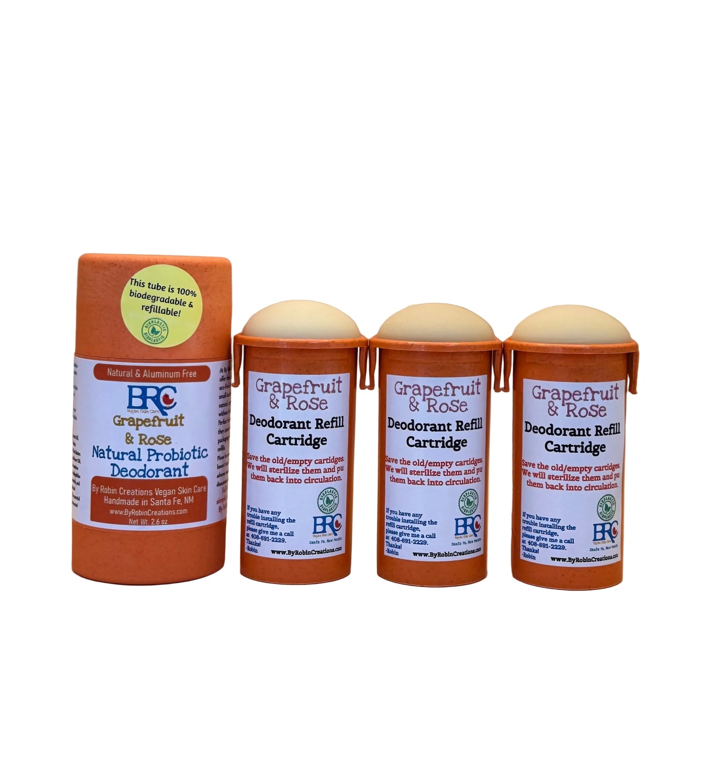 Natural probiotic deodorant by Robin Creations in new packaging, shown in a sleek container for effective body odor control.