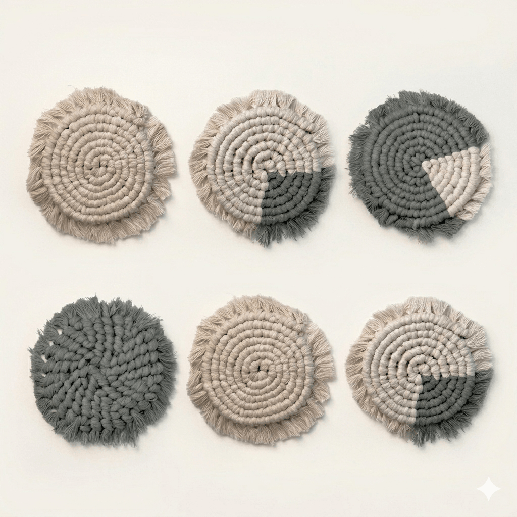 Set of four handmade boho macrame coasters by Tilley + Me, featuring intricate knot designs for stylish table decor.