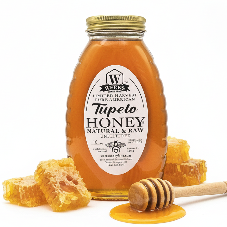 Golden Georgia Tupelo Honey from Weeks Honey Farm, showcasing smooth, buttery texture in a jar.