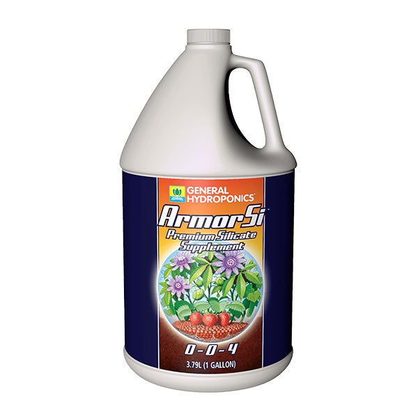 Liquid silica fertilizer by General Hydroponics Armor Si for plant growth enhancement in a 1-gallon bottle.