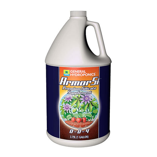 Liquid silica fertilizer by General Hydroponics Armor Si for plant growth enhancement in a 1-gallon bottle.